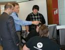 Mr. Ray explains the new computer program the Pat-Med Robotics Team is using for the 2013 season. Pictured, left to right: Legislator Calarco, Mr. Ray, Ricky Wecera, Tim Oliveira, Justin Ferrari
