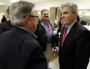 hoto by John Dunn | Newly elected Suffolk County Executive Steve Bellone, right, greets Chamber of Commerce members from across Suffolk County at a small business roundtable Monday at the VFW in Kings Park.